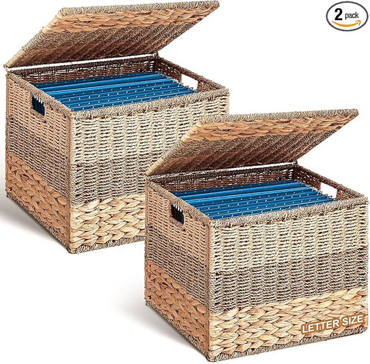 2pcs Large Decorative File Box 14 x 12 x 11 in Seagrass Hanging Organizer for Letter & Legal Size File Basket Hand Woven Filing Cabinet with Lid Collapsible Box for Home Office Decor, Water Hyacinth