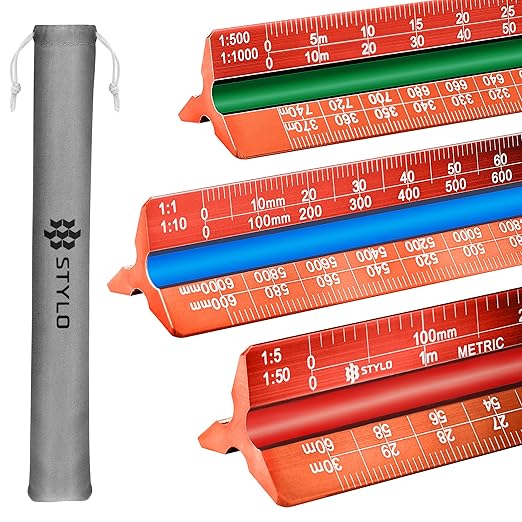 Stylo 12" Aluminum Architect Scale Ruler Laser Etched Triangle Drafting Ruler, Color Coded Grooves for Blueprint, Drafting and Drawing, Architectural Scale Ruler for Blueprints (Red, Metric Units)