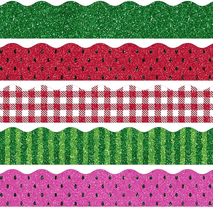 Whaline 69Ft Watermelon Bulletin Board Border Glitter Pink Red Green Watermelon Adhesive Border Trim for Summer Classroom Chalkboard Wall Decor