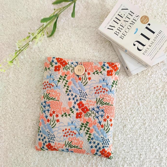 Floral Embroidered Canvas Book Sleeve - Elegant Book Cover, Padded Protector for Paperbacks & Hardcovers, Ideal for Book Lovers, Wooden Button (Meadow, Beige, Large)