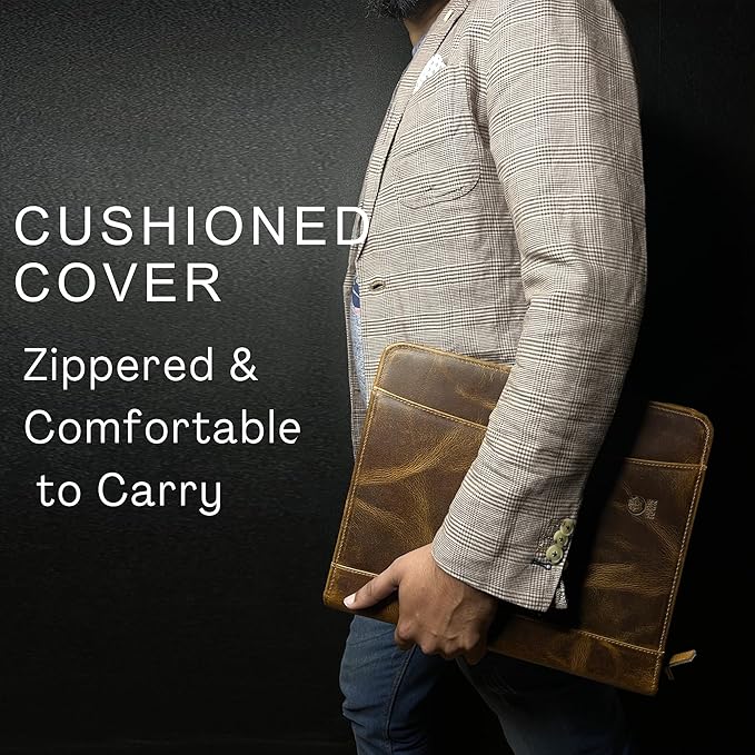 Leather Portfolio for Men - Full Grain Leather Padfolio Folder - Zipper Folio Documents Organizer - Professional Business Executive Gift for Men Women