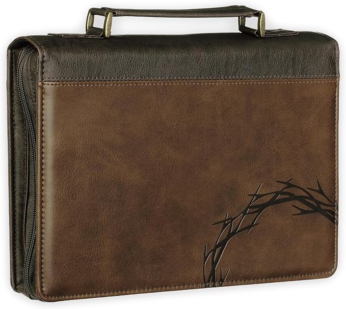 Christian Art Gifts Premium Vegan Leather Inspirational Bible Cover for Men & Women: Debossed Crown of Thorns Design, Inspiring Scripture, Easy Carry Zippered Case, Pen Loops, Pockets, Brown, XL