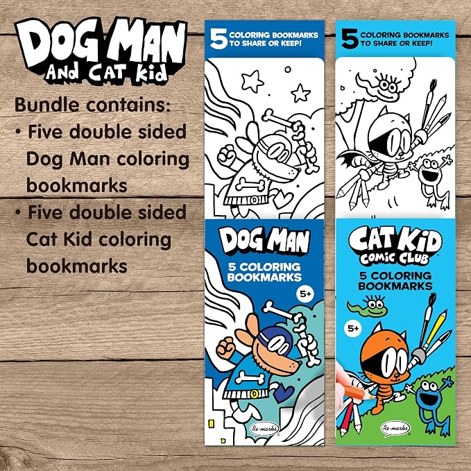 Re-Marks “Dog Man and Cat Kid” Colormarks Collection - 2 Sets of 5 Coloring Bookmarks