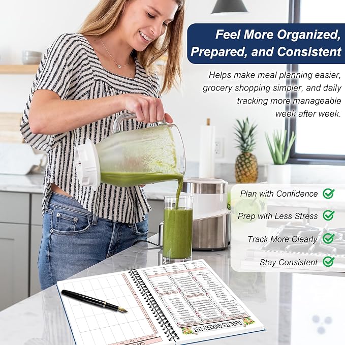 Diabetes Meal Planner & Cookbook for Beginners, Spiral Bound for Type 2 Diabetes with 128 Recipes, Weekly Meal Plans, Grocery Lists, Waterproof PVC Protective Cover, 100 GSM No-Bleed Recyclable Paper