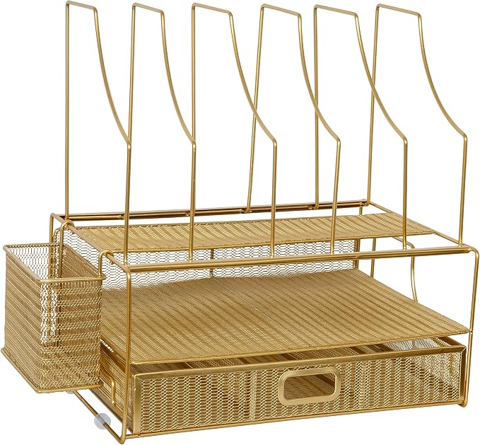 Martha Stewart Ryder Gold Mesh Metal Large Desktop Organizer With Paper File Letter Holder Organizer and Drawer