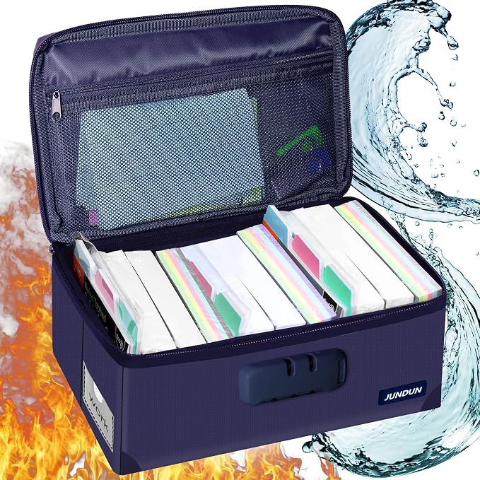 JUNDUN Index Card Holder with Lock,Collapsible Fireproof Index Card Box fits 1200 3x5-Inch Flash Cards - Business, Recipe, or Note Card Storage Boxes - Blue