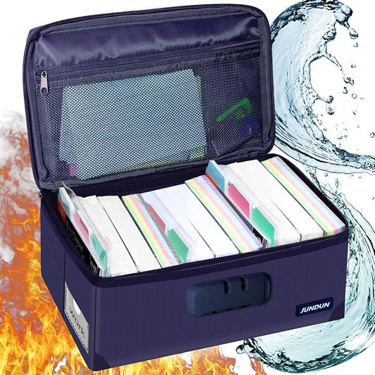 JUNDUN Index Card Holder with Lock,Collapsible Fireproof Index Card Box fits 1200 3x5-Inch Flash Cards - Business, Recipe, or Note Card Storage Boxes - Blue