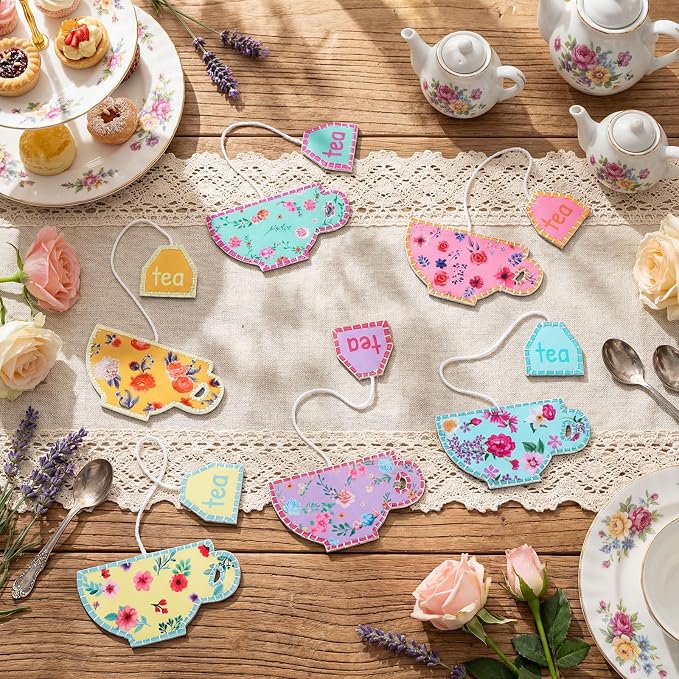 Resurhang 12 Pcs Tea Bag Bookmarks Tea Party Favors Cute Hand Embroidered Teapot Bookmarks Gift for Spring Holiday Teacher Women Book Reading Lovers Gift Book Marks (Classic)