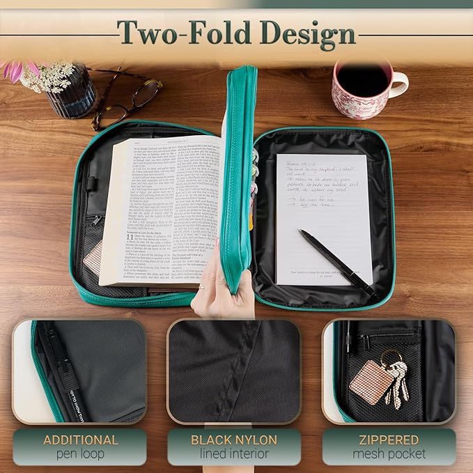 Christian Art Gifts Inspirational Vegan Leather Two-fold Organizer Bible Cover for Women, Jesus Fish Badge, Sturdy Carry Handle, Pen Loops, Pockets, Pen/Highlighter Combo & Notepad, Turquoise, XL