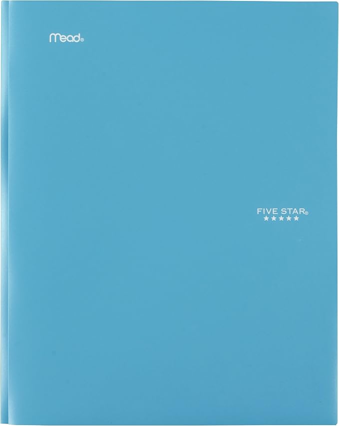 Five Star 2-Pocket Folder,Plastic Folder with Stay-Put Tabs and Prong Fasteners,Holds 8-1/2" x 11" Paper,Tidewater Blue,White,Amethyst Purple,Harvest Yellow (38064),(Pack of 24)