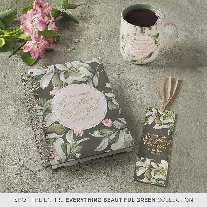 Christian Art Gifts Premium Inspirational Scripture Vegan Leather Bookmark for Women: Everything Beautiful Encouraging Golden Bible Verse, Tan Satin Ribbon, Read Books, Save Pages, Forest Green Floral