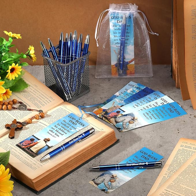 Dispowreath 24 Pcs/12 Sets Father's Day Christian Gift, God Bless Dad Bookmark Church Gift Include 12 Proverbs 20: 7 Bookmark 12 Religious Bible Verse Ballpoint Pen for Men Church Prizes Party Favors