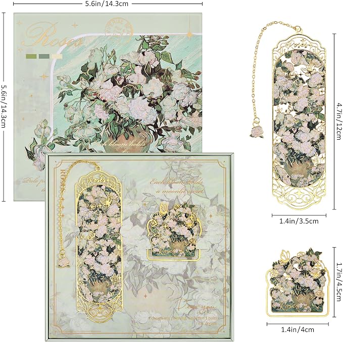 Luxury Metal Bookmark & Book Clip Gift Set, Oil Painting Themed Roses, 1 Bookmark with Pendant + 1 Book Clip, Elegant Christmas New Year Gift Box for Women Book Lovers Writers Readers Teenage