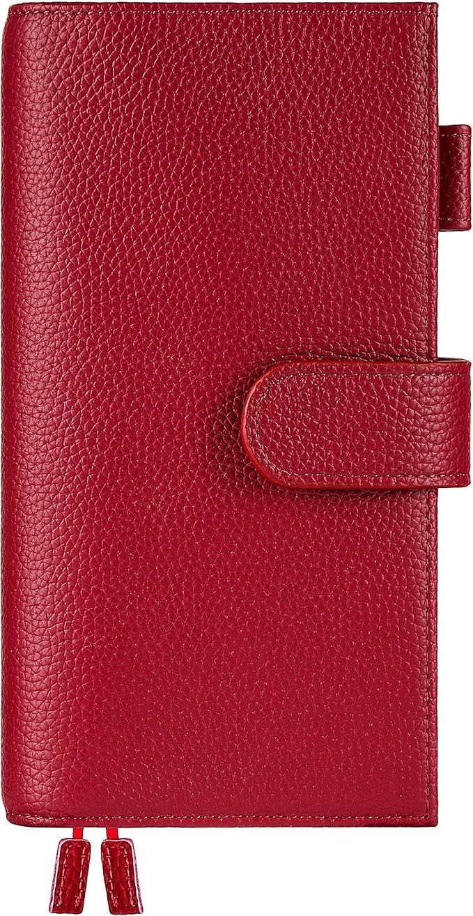 Genuine Leather Cover for Hobonichi Weeks/Weeks Mega with Pen Loop, Card Slots, Back Pocket, and Bookmarks (Red)