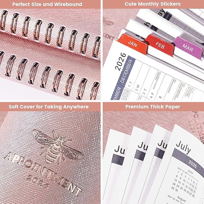 2026 Appointment Book/Planner - Appointment Planner 2026, Jan. 2026 - Dec. 2026, 11" x 9", 26 Daily Hourly Planner with 15-Minute Interval, Colorful Tabs - Rose Gold