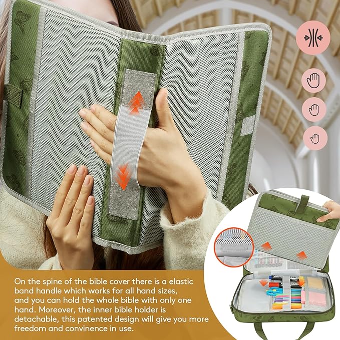 Bible Cover Case Deluxe with Gift Box - Water-Resistant Bible Cover Crossbody Bag for Large Print Bibles, Complete Study Kit with Bookmarks, Pens & Stickers, Green Butterfly