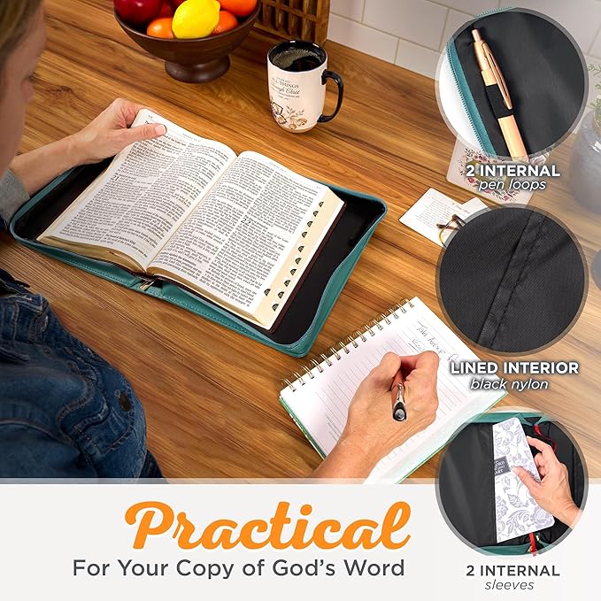 Christian Art Gifts Fashion Vegan Leather Bible Cover for Women: Be Still & Know Inspirational Bible Verse, Teal Floral, Large
