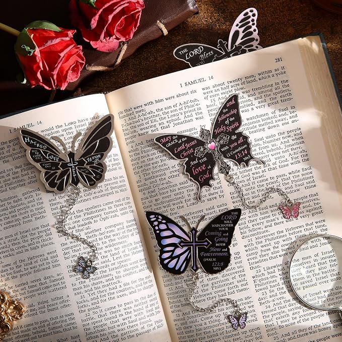 4 PCS Metal Bible Butterfly Bookmarks with Chain, Christian Scripture Inspirational Book Marks for Book Lovers Writers Readers Children Teens for Women Religious Motivational Gift Book Marker Prayer