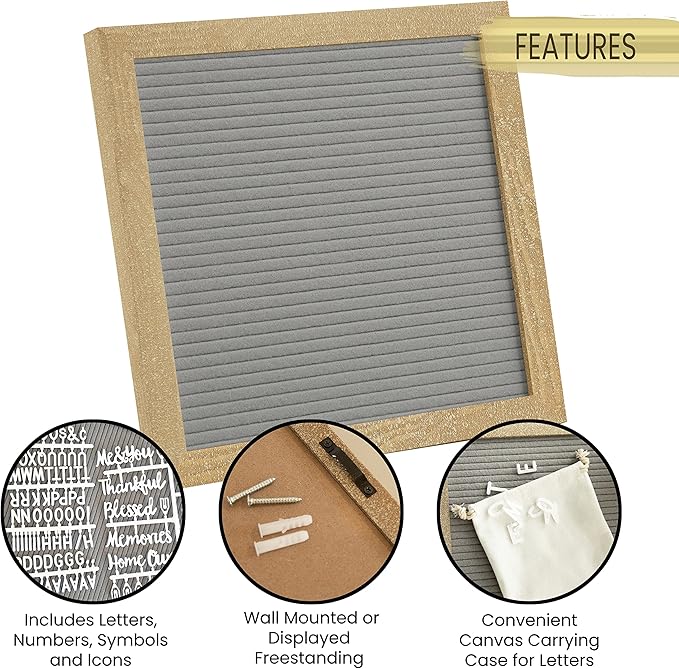 HBCY Creations 10"x10" Felt Letter Board - Solid Wood Frame - Weathered Wood - Gray Felt - 389 PP Letters Including Numbers, Symbols, Icons - Canvas Carrying Case