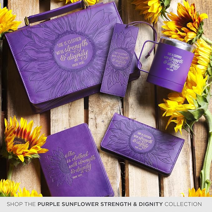 Christian Art Gifts Vegan Leather Scripture Bookmark for Women: Strength and Dignity - Proverbs 31:25 Inspirational Bible Verse Heat-Debossed, Faith-Based Reading Accessory w/Tassel, Purple Sunflower