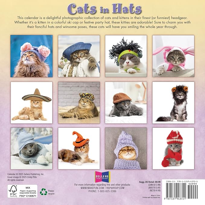 Cats in Hats 2026 Mini Wall Calendar, Funny Cat Photography in Costumes, 7" x 7"