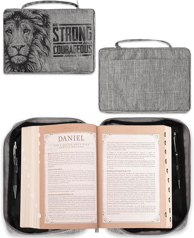 Christian Art Gifts Value Poly-Canvas Bible Cover for Men & Women: Strong & Courageous Bold Lion - Joshua 1:9 Inspirational Scripture with Pocket, Sleeves, Pen Loops, Gray, Medium