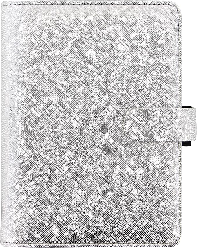 Filofax Saffiano Metallic Organizer, Personal Size, Silver - Cross-Grain, Leather-Look, Bright Metallic Finish, Six Rings, Week-to-View Calendar Diary, Multilingual, 2025 (C028754-25)