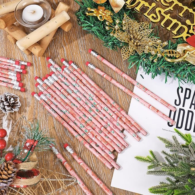 Whaline 36Pcs Christmas Pencils with Erasers Pink Gingerbread Man Writing Pencil Cute Cartoon Holiday Wood Pencil for Xmas Winter Stationery Party Favors Classroom Office School Stocking Stuffers Gift