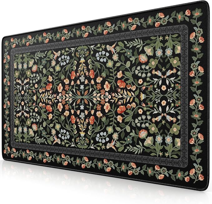 iCasso Aesthetic Flower Mouse pad for Laptop, Desk Pad Mat, Vintage Desk Matt for Desktop 13.7"x23.6", Anti-Slip Mousepad with Stitched Edges for Laptop Computer Keyboard(Black)
