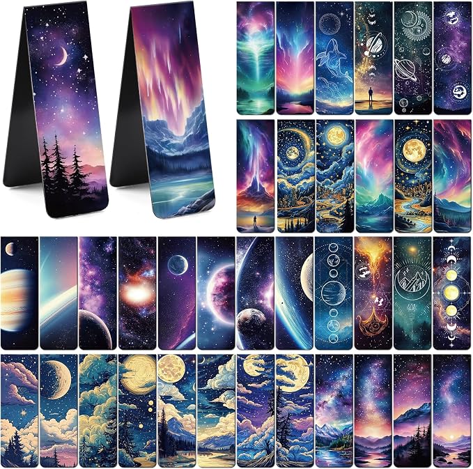 Fantasy Magnetic Bookmarks Gifts - 48 PCs Unique Starry Night Sky Space Planets Charm Moon Book Marks Reading Lovers Bulk Personalized Cool Page Markers Women Men Boys Kids Students School