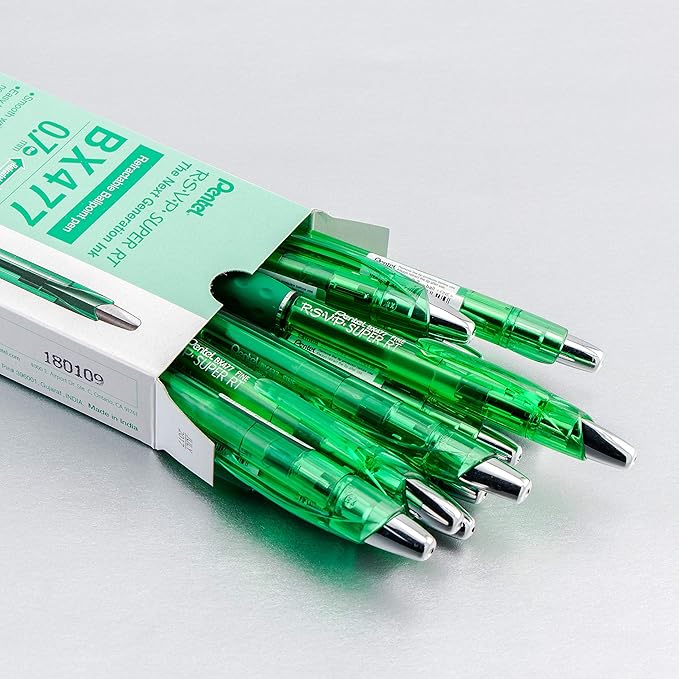 Pentel RSVP Super RT Ballpoint Pen, (0.7mm) Fine Line, Green Ink, Box of 12 (BX477-D)