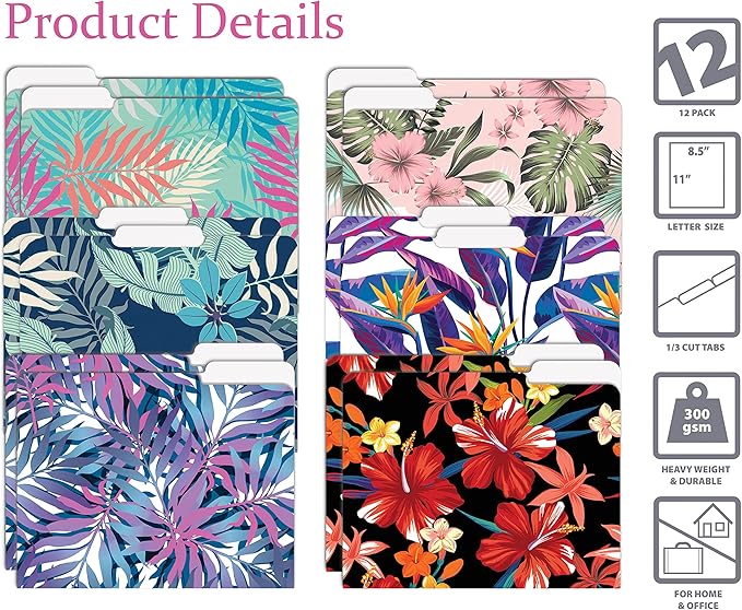 Better Office Products Decorative File Folders, 12 Pack, 6 Unique Designs, Heavyweight, Letter Size (9.5 x 11.5) with 1/3 Cut Tab, Tropical Floral Designs, Fashion Folders
