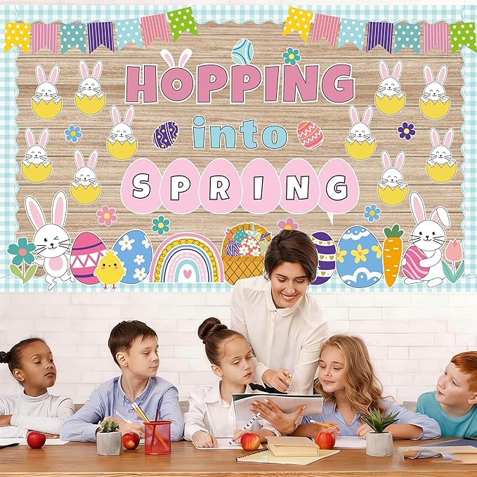 Easter Bulletin Board Set Spring Easter Bunny Eggs Bulletin Board Classroom Decorations Hopping into Spring Cutouts for Teacher Classroom School Office Chalkboard Wall Home Decor