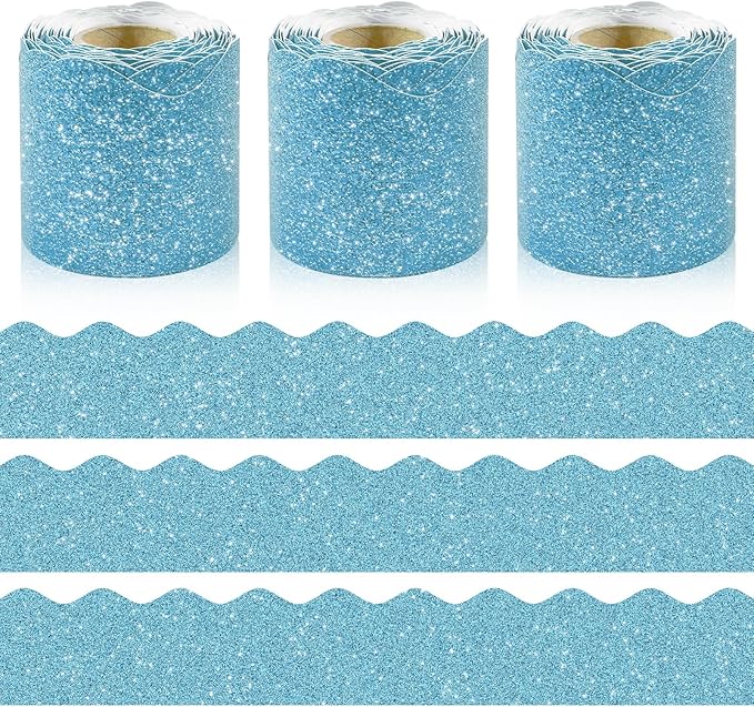 3 Rolls 98.4 Ft Glitter Bulletin Board Borders Set - Sky Blue Bulletin Board Decorations for Classroom, Office，School Supplies & Home DIY - Perfect for Teachers, Posters & Birthday Party Decor