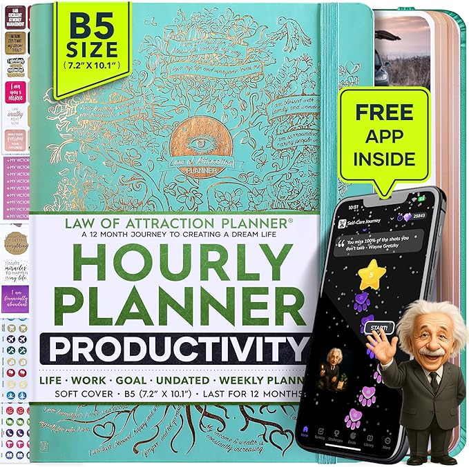 Deluxe Weekly and Monthly Planner | Law of Attraction Planner with Productivity App | 12-Month for Productivity, Gratitude & Goal Setting | Includes Foldable Vision Board, Gift Box & Stickers