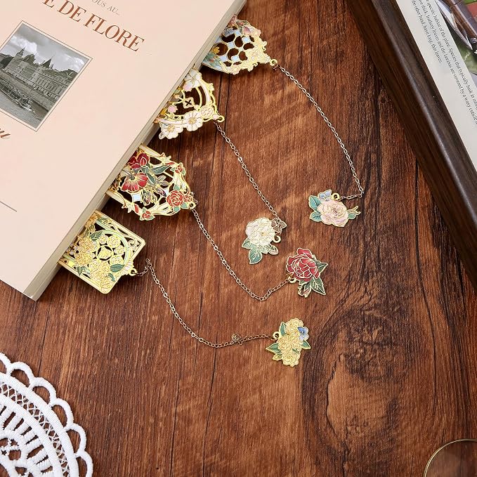 Metal Bookmarks 4 PCS, Pretty Bookmarks for Women, Beautiful Metal Bookmark, Bookmarks for Red, White, Pink and Yellow Roses (BKM-043-003-F4)