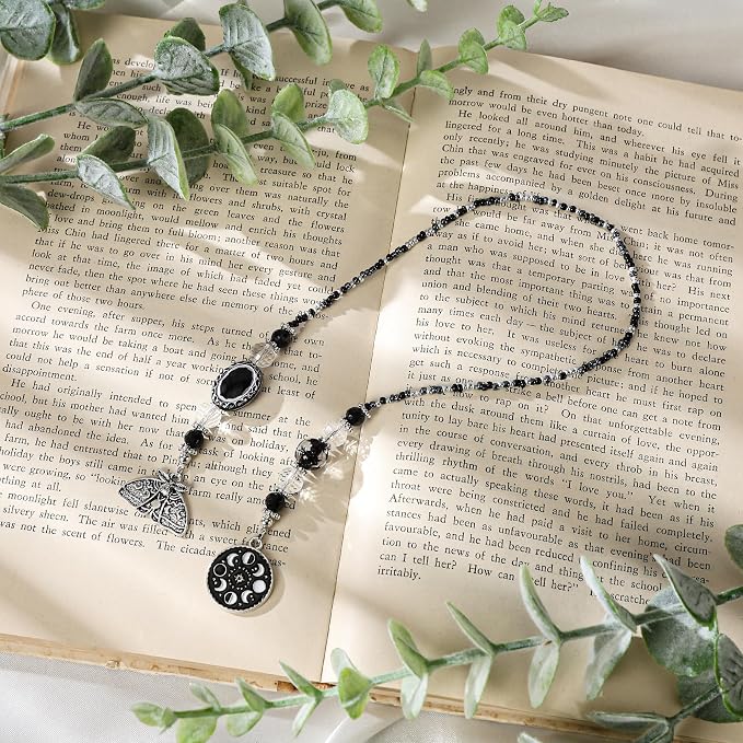 Gothic Moth Bookmark Gifts - Black Halloween Beaded Bookmarks for Women Men Book Lovers Moon Crystal Bead Chain Page Marks School Office Home Reading Accessories Bookish Gift for Birthday