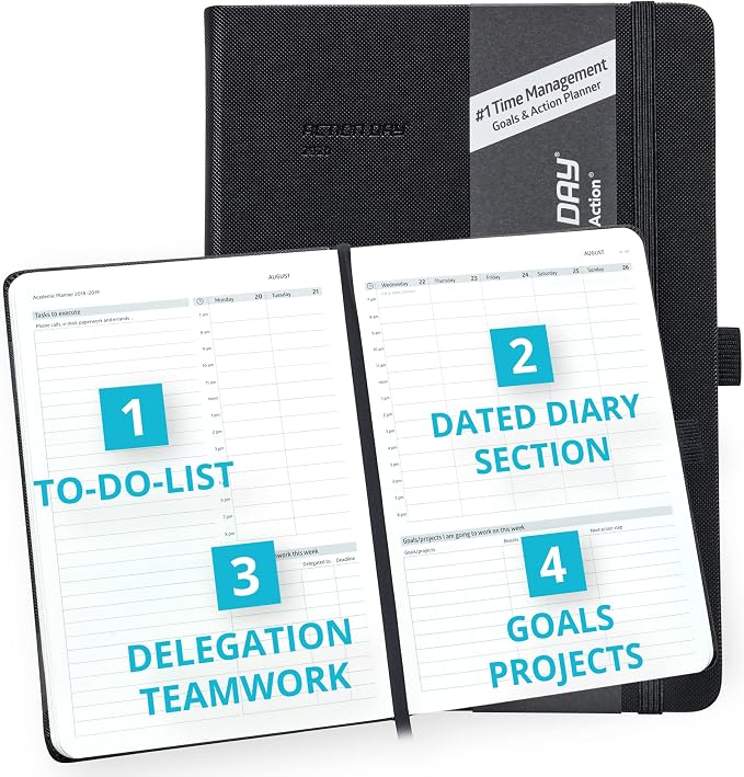Action Day 2026 Weekly Planner - Effective Planning System to Increase Productivity,To-Do List,Weekly Goals,Projects,Teamwork,Daily Diary,Yearly & Monthly overview, Notes Pages (Black, 8x11 Inch)