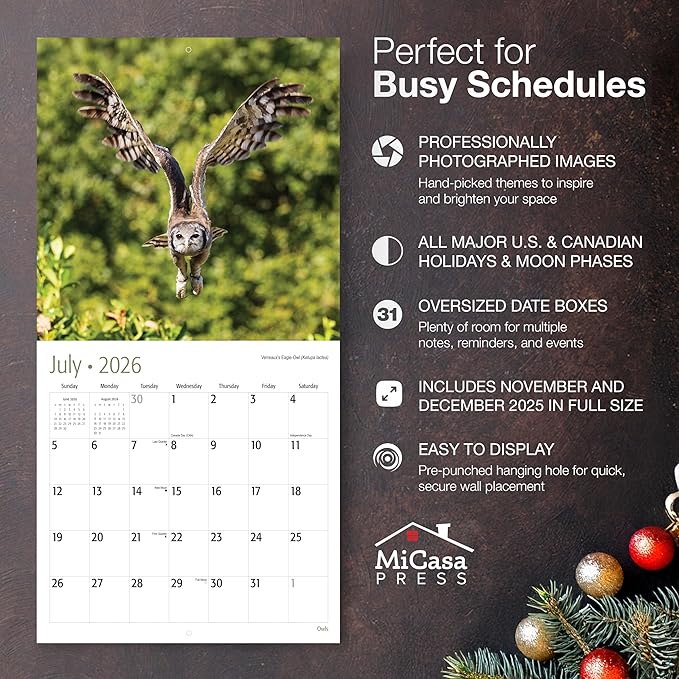 MICASA PRESS Owls 2026 Wall Calendar 12 Month | 12" x 24" Open | Thick & Sturdy Paper | Giftable | Birds of Prey Animal Calendar 2026