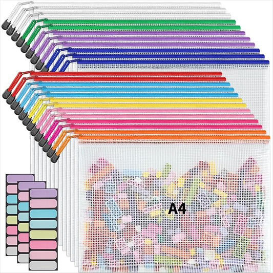 JARLINK A4 Letter Size 24 Pack 10 Colors Zipper Mesh Document Pouch, Mesh Bags for Board Games & Puzzles, Waterproof Document Zipper Pouches for Office School Supplies, Toys, Cosmetics Travel Storage