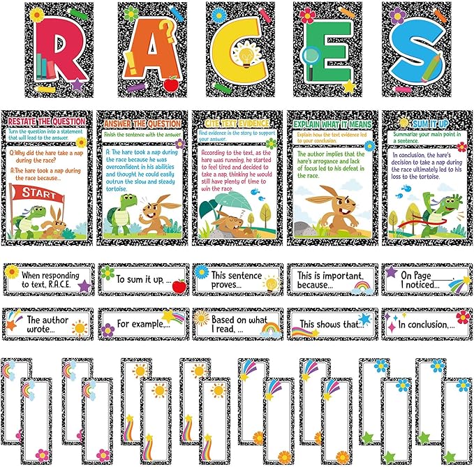 Outus 36 Pcs RACES Writing Strategy Bulletin Board Set, Alphabet Cutout Poster Sentence Starters Cards for Elementary School Classroom, Writing Display Wall Decoration Teacher Supply(Composition)