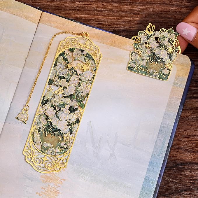 Luxury Metal Bookmark & Book Clip Gift Set, Oil Painting Themed Roses, 1 Bookmark with Pendant + 1 Book Clip, Elegant Christmas New Year Gift Box for Women Book Lovers Writers Readers Teenage