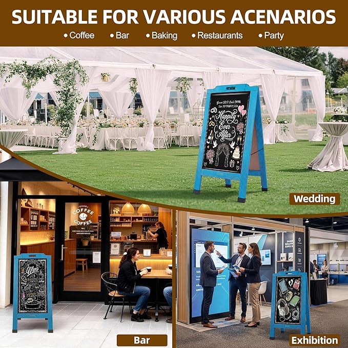 Magnetic Portable A-Frame Chalkboard Signs, 40" x 20" Large Wood Sandwich Board Signs Outdoor, Double-Sided Sidewalk Standing Chalk Board for Business, Wedding, Vendor Display, Coffee Shope - Blue