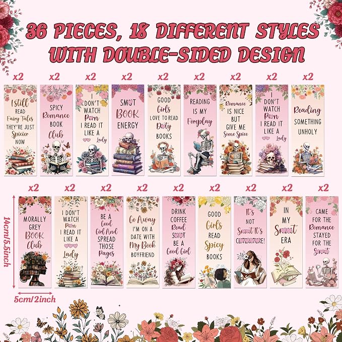 COcnny Dark Romance Bookmarks for Women- 36pcs Romance Book Marks for Book Lover, Funny Spicy Fairy Tale Double Sided Bookmark with Skeleton Floral Sign for Spicier Reading Bookish Gift Supplies