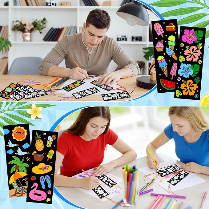 Frienda 80 Pcs Summer Color Your Own Bookmarks with Ribbon Bulk DIY Coloring Crafts Beach Ice Cream Ocean Fruit Sun Bookmark Blank Paint Decorate for Teacher Summer Party Gift Tags