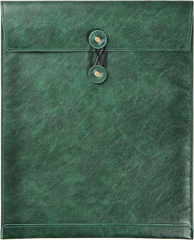 Green PU Leather File Folder for Documents,Important Document Folder with String Tie,Laptop Sleeve Notebook Case,Leather File Organizer, A4 Envelopes Filing Folder