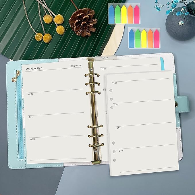 Harphia A5 6 Holes Binder Refill Value Set,90sheets weekly plan paper with sticker and divider,week planner inserts with binder pockets for A5 binder 6 hole refillable notebook,005da5week