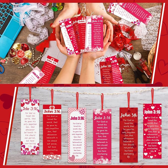 Skyygemm 60 Pcs Valentine's Day John 3: 16 Bookmarks Religious Bible Verse Bookmark Red Heart Valentines Day Exchange Gifts for Valentine's Party