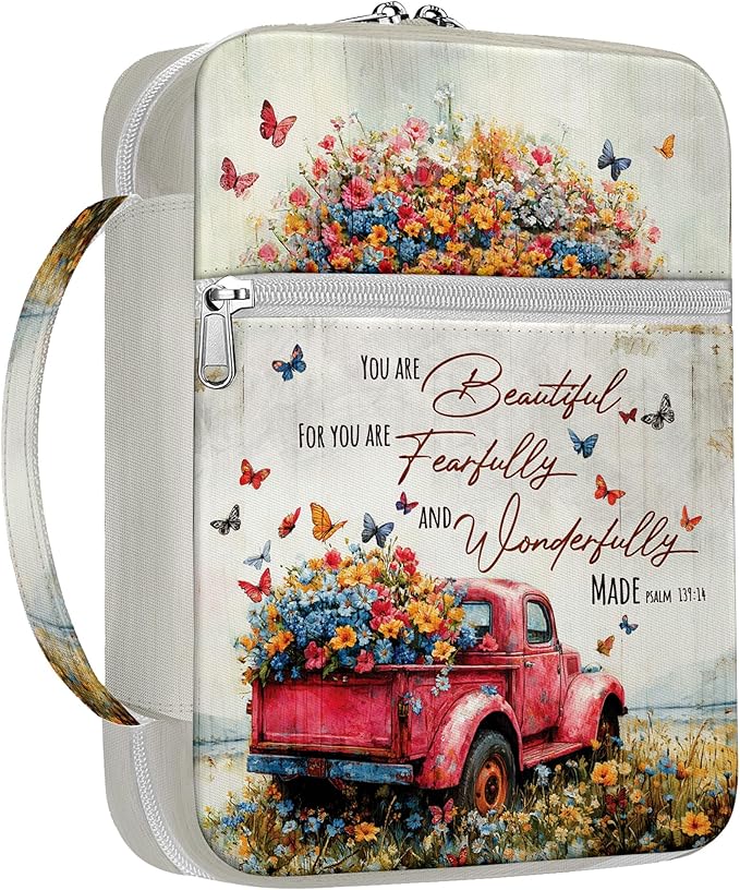 Vintage Red Truck Floral Bible Cover for Women, Scripture Verse Canvas Bible Case with Handle and Zipper Pocket, Fits Standard Size Bible, Christian Gift for Mom, Church Study Bag