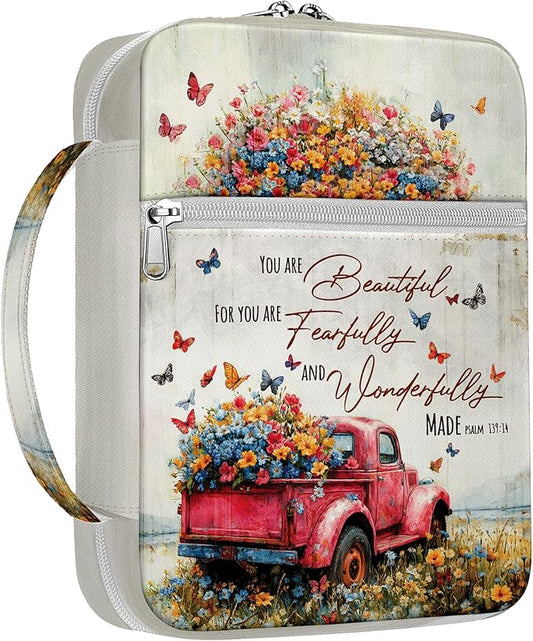 Vintage Red Truck Floral Bible Cover for Women, Scripture Verse Canvas Bible Case with Handle and Zipper Pocket, Fits Standard Size Bible, Christian Gift for Mom, Church Study Bag